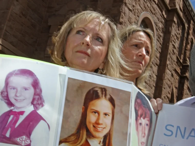 Ann Hagan Webb and Kathryn Robb, members of SNAP (the Survivors Network of those Abused by Priests) at a news conference in Providence (Steve Szydlowski/The Providence Journal)