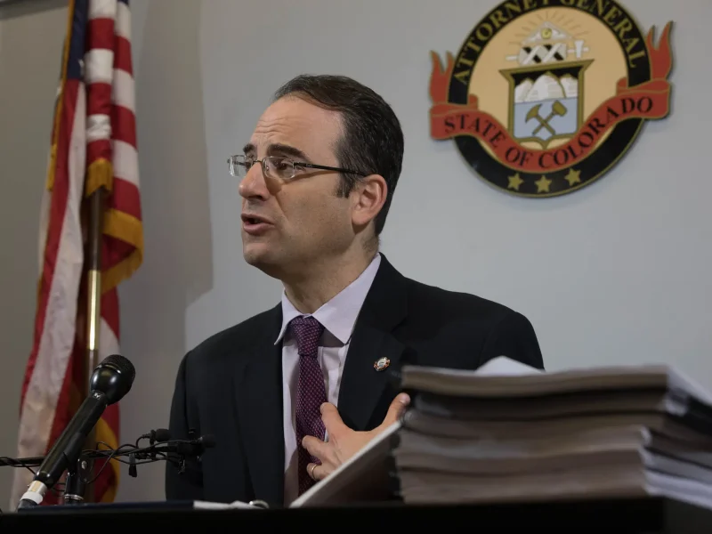 Colorado Attorney General Phil Weiser speaks about the special master's report on clergy abuse at the Colorado Judicial Center, Oct. 23, 2019. (Hart Van Denburg/CPR News)