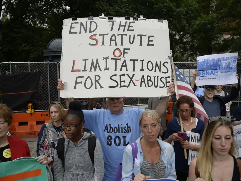 End SOLS Child sex abuse survivor Fred Marigliano holds a sign supporting the CVA at a rally near City Hall in June 2017. The new bill would reportedly raise the top age that a child sex abuse survivor can bring a civil lawsuit to 55, up from the current 23. (Jefferson Siegel/New York Daily News)