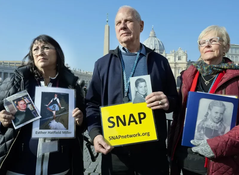 Mary Dispenza AP 2019 Survivors Network of those Abused by Priests President Tim Lennon from Tucson, Ariz., center, and SNAP members Esther Hatfield Miller, left, and Carol Midboe speak with media in St. Peter’s Square at the Vatican on Wednesday, Feb. 20, 2019. (Luigi Navarra/AP)