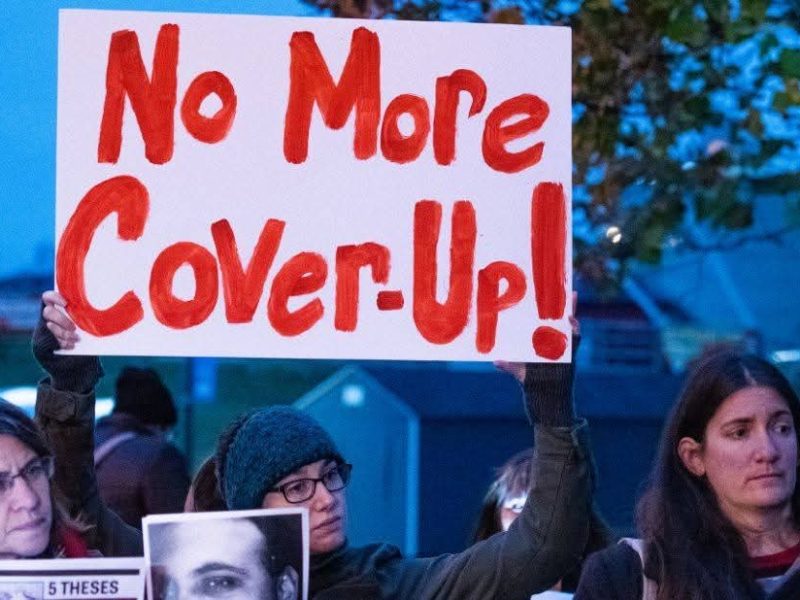No More Cover-up Suzanne Emerson, from Silver Spring, Md., holds a sign during a Nov. 12 news conference held by Survivors Network of those Abused by Priests as the U.S. Conference of Catholic Bishops met in Baltimore for the annual fall general assembly. (Kevin J. Parks/Catholic Review)