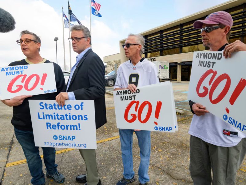 Members of Snap, the Survivors Network of Those Abused by Priests, outside the Saints’ training facility in January 2020. (Matthew Hinton/AP)