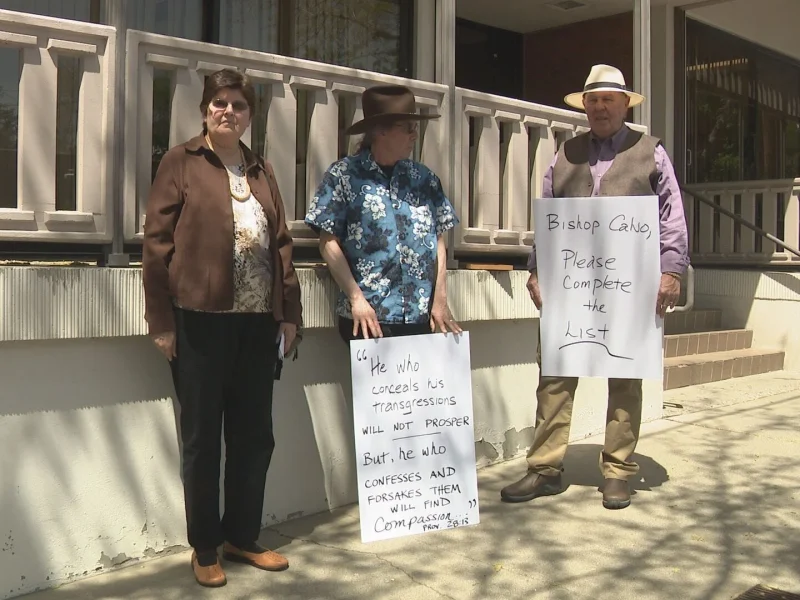 Protestors from the Survivors Network of those Abused by Priests (SNAP), gathered in front of the Diocese of Reno Office in downtown Reno in April 2019. (2News)