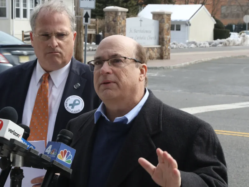 Attorney for the alleged victim, Gregory Gianforcaro and Mark Crawford, with NJ SNAP, a group that advocates for victims of childhood abuse, speak at a news conference across the street from St. Bartholomew Roman Catholic Church in Scotts Plains. (Chris Pedota/USA Today Network)