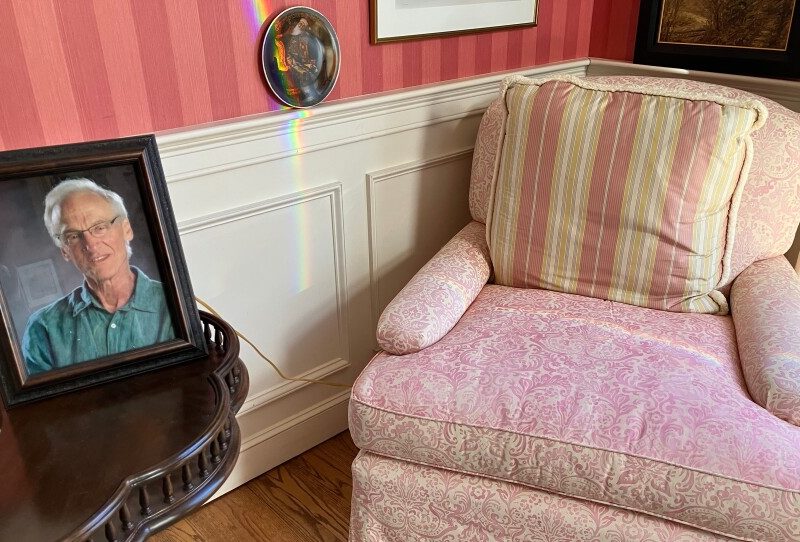 A photograph of Phil Saviano in the room where he met with investigators from the Massachusett's attorney general's office, when he was in hospice in 2021. The office was investigating child sex abuse at the Worcester Diocese, where Saviano had been abused. The results of the investigation have not been made public. (Nancy Eve Cohen/NEPM)
